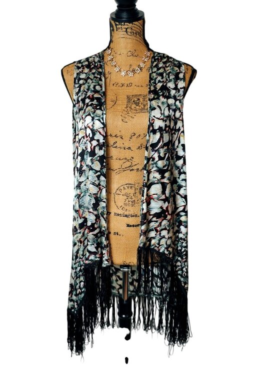 Baccini Sweaters - Baccini Womens M Vest Open Front Fringe Hem Floral Boho Sleeveless Cardigan Hipp